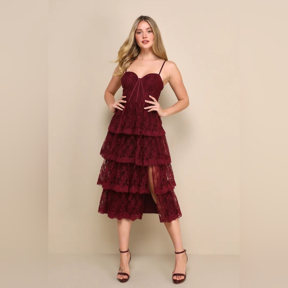 Lulu's wine red lace tiered bustier dress
